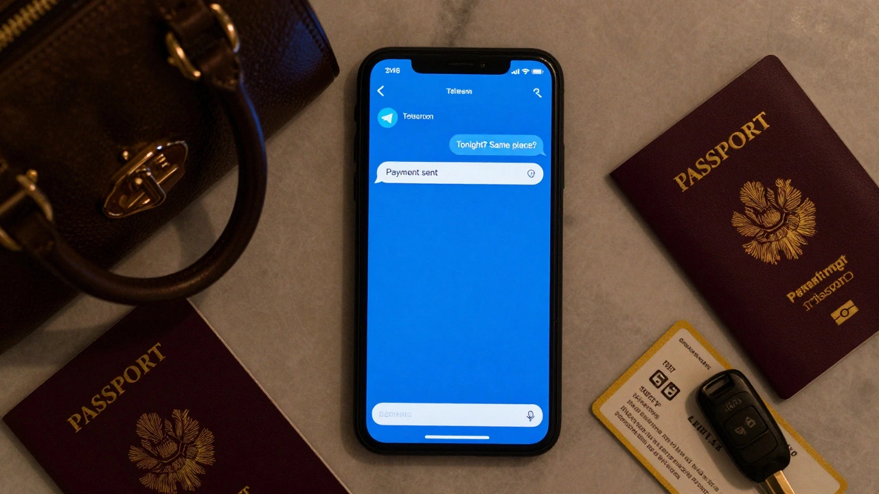 A phone displays encrypted messages beside a passport and keycard on a marble surface.