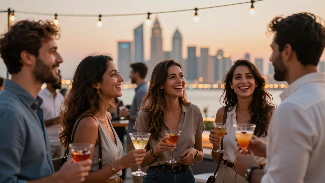 Expats socialize at a Dubai rooftop event, laughing and conversing under city lights.